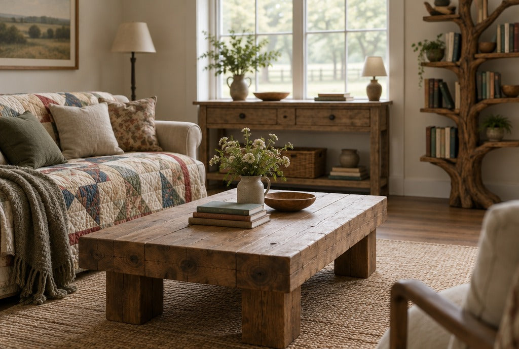 A relaxed country living room with a chunky solid wood coffee table, a quilt-covered sofa, a rustic console under the window and a tree bookshelf