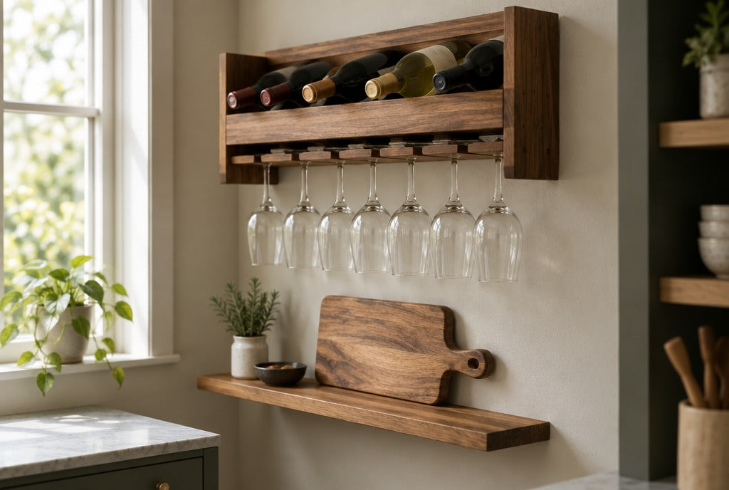 A small kitchen corner with a solid wood wall-mounted wine rack holding bottles and stemware above a narrow wood shelf with a cutting board