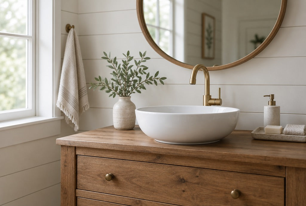 A farmhouse bathroom with a solid wood vanity, a white vessel sink, a brass faucet, a round mirror and a shiplap wall