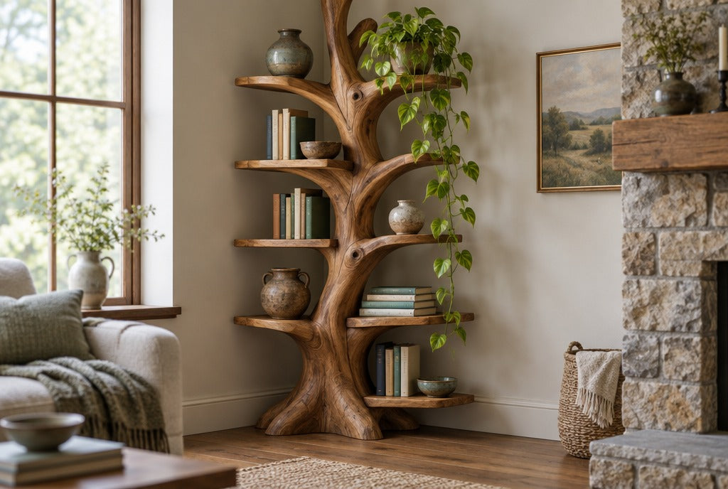 A sculpted solid wood tree-branch bookshelf in a country living room corner holding books, pottery and a trailing plant