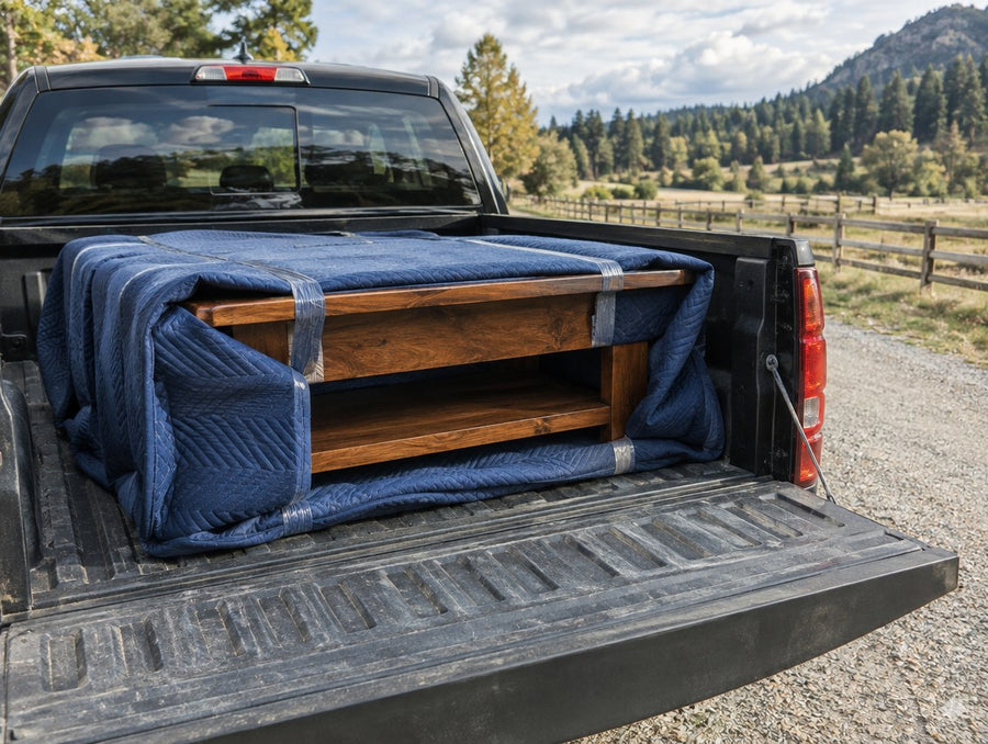 A blanket-wrapped solid wood coffee table in the back of a pickup truck on a gravel road